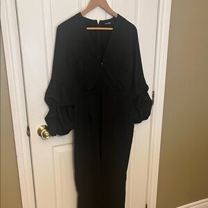 DO+BE Elegant Black Long Sleeve one piece jumpsuit, fitted, rouched puff sleeves